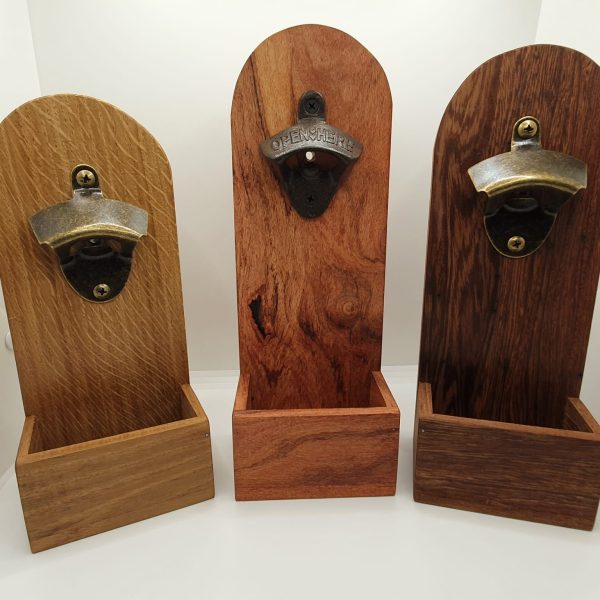 Wall mounted bottle opener with cap collection